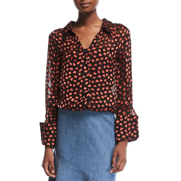 Alice + Olivia Silk Emmerson Burnout Velvet Heart Shirt Sheer Button Down Blouse - Picture 13 of 16